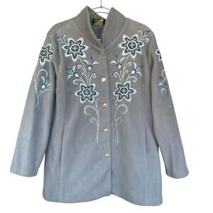 Bob‎ Mackie Wearable Art Coat Womens Medium Gray Embroidered Button Front Floral